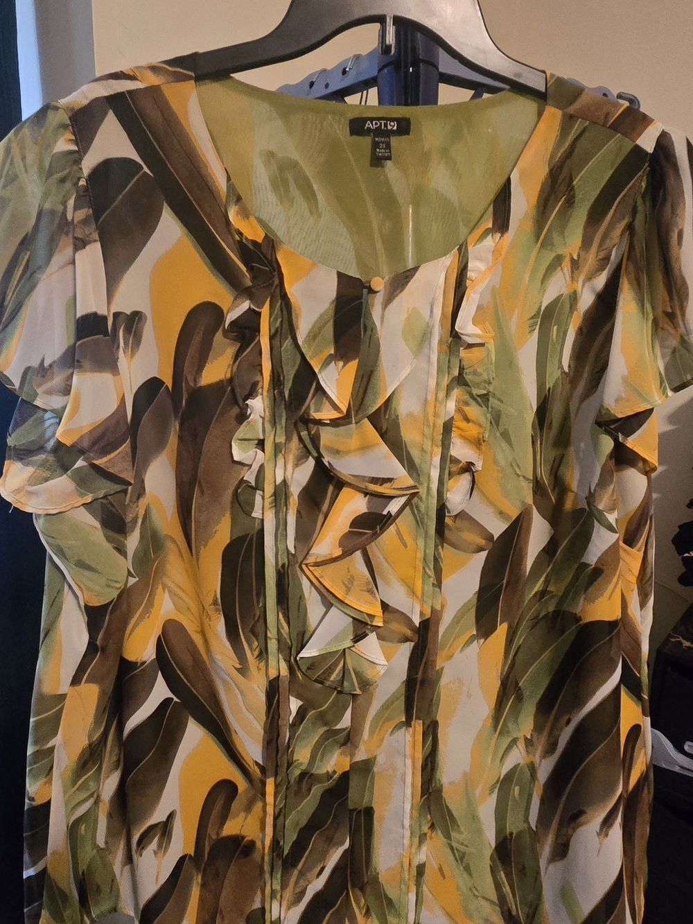 Apt. 9 Olive, Mustard & Brown Ruffle-Front Short Sleeve Blouse